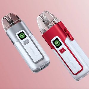 White Silver and Ruby White Vaporesso Luxe X2 kits on pink background
