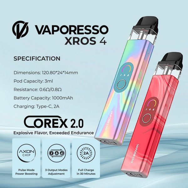Red and Pastel holographic vaporesso xros 4 kit on promotional photo
