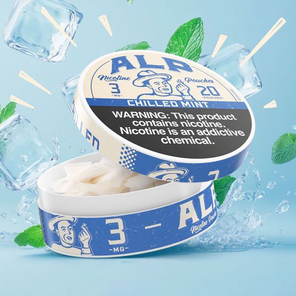 Chill mint ALP pouches container half open, showing nicotine pouches inside. 
