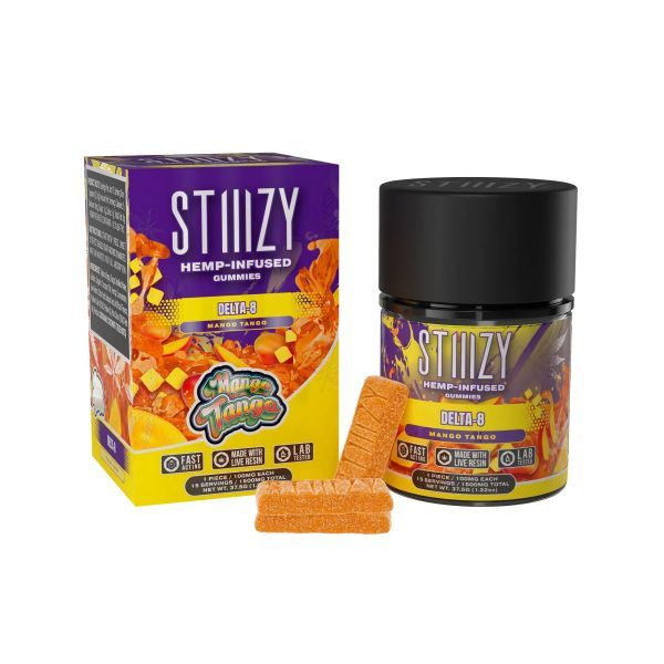 Stiiizy Delta 8 Gummies Bottle with Mango Tango Gummies leaning against it
