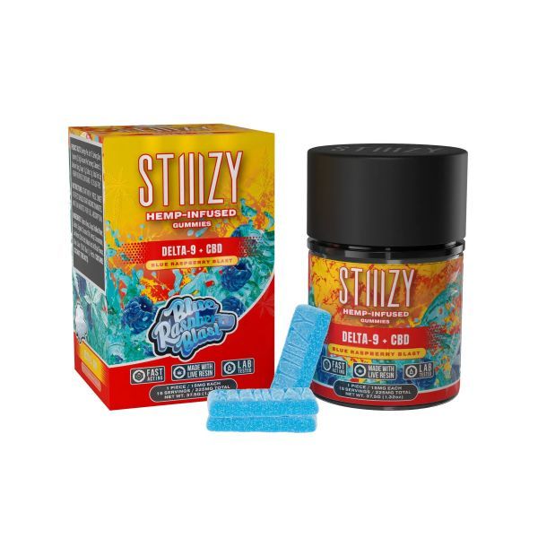 Stiiizy CBD Gummies Bottle with Blue Raspberry Blast Delta 9 Gummies leaning against it
