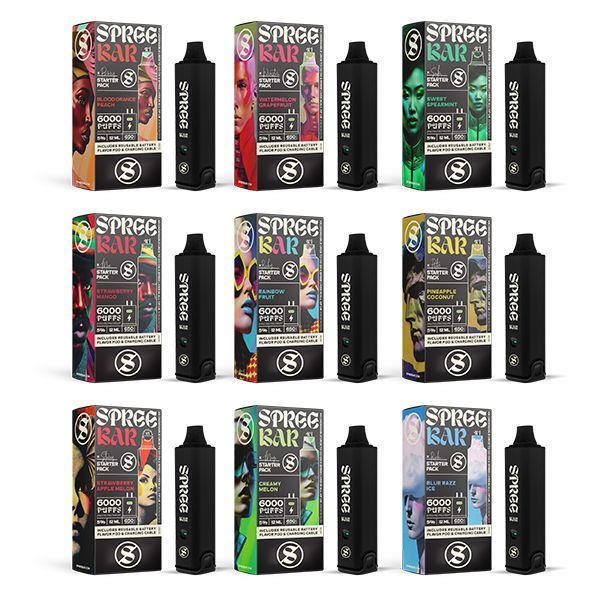 Nine spree bar flavors in a grid showing the box and spree bar vape