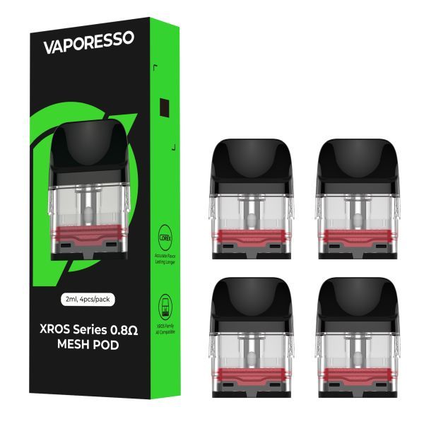 Pack of 4 Vaporesso XROS pods displayed alongside the packaging 