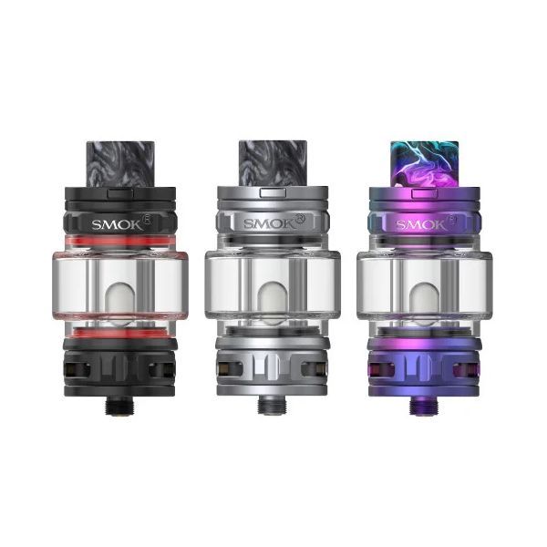 Black, Silver, and Purple SMOK tfv18 tank​s lined up in a row