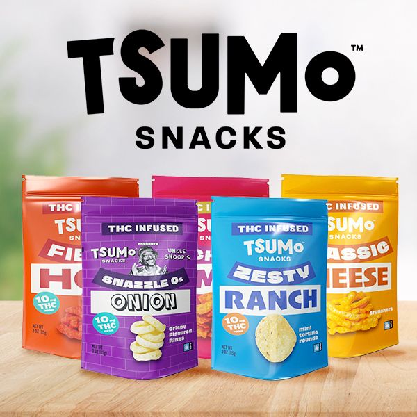 All Tsumo Snack flavors lined up with three at the front and two in the back. 