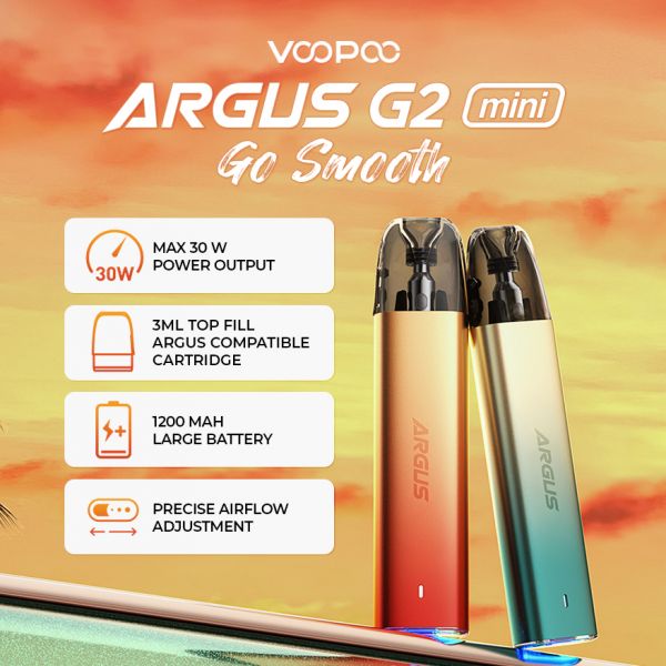 Orange and Green VooPoo Argus G2 Mini kits on promotional photo showcasing its features
