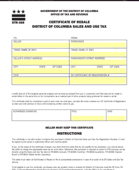 District Of Columbia Sales and Use Permit