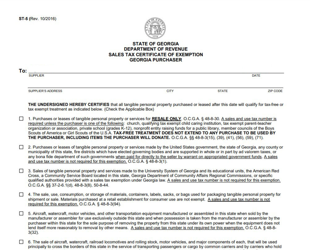 Georgia Sales Certificate of Exemption