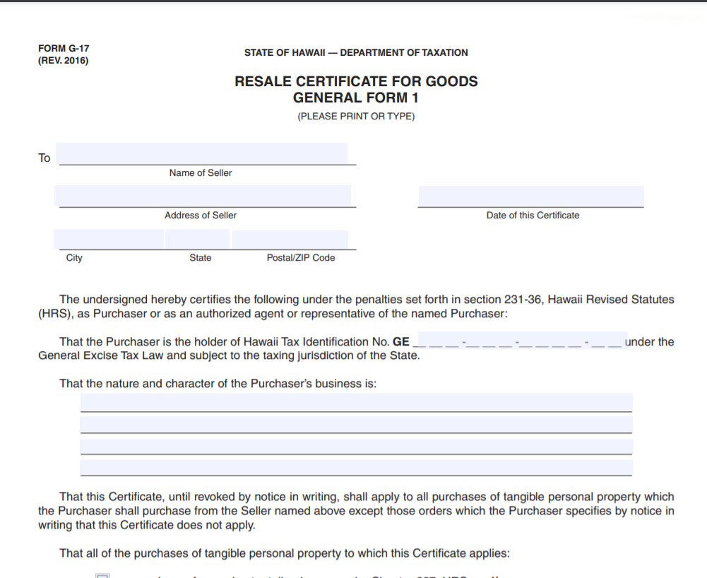 Hawaii Resale Cert Form
