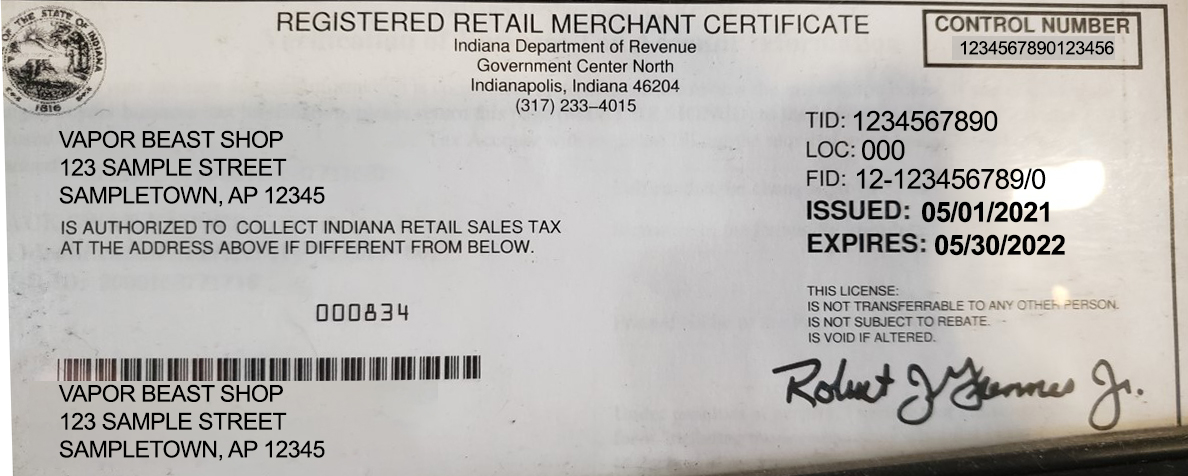 Indiana Retail Tax Permit