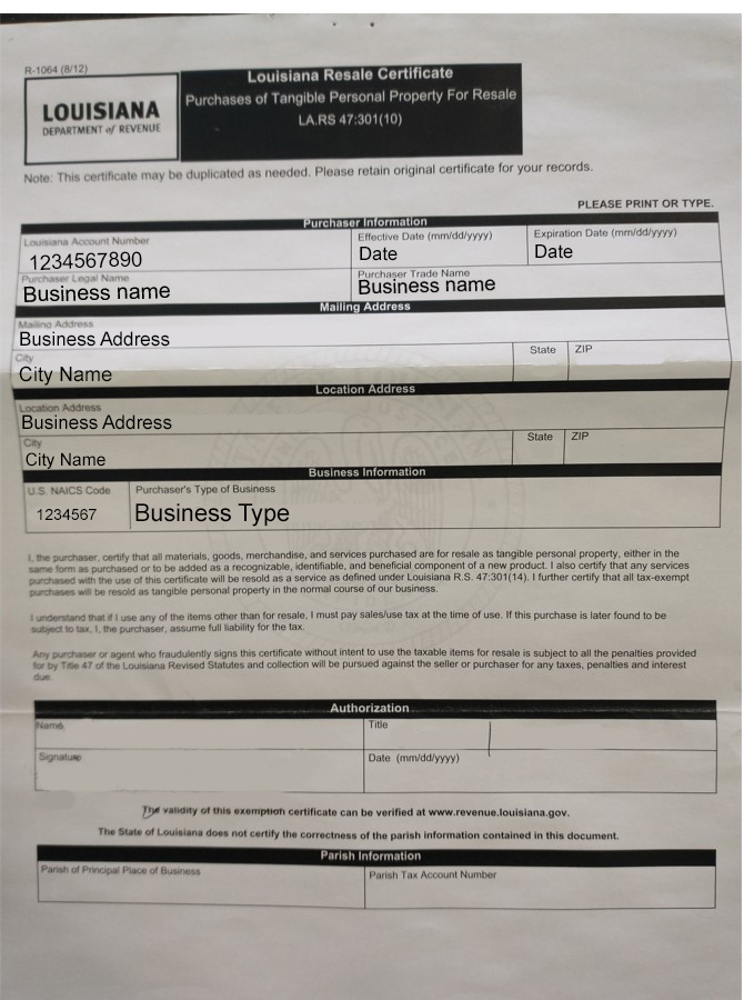 Lousiana Resale Certificate