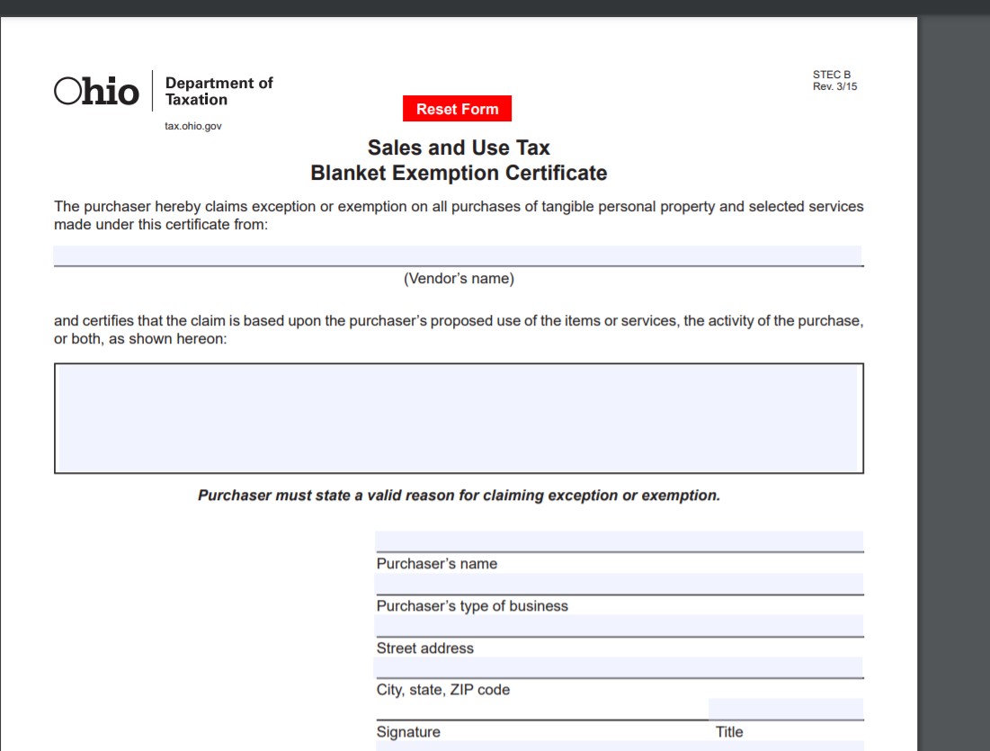 Ohio Tax Exemption Form