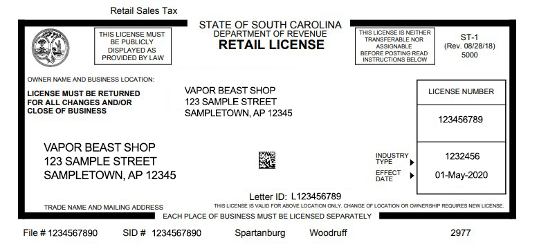South Carolina Retail Tax License