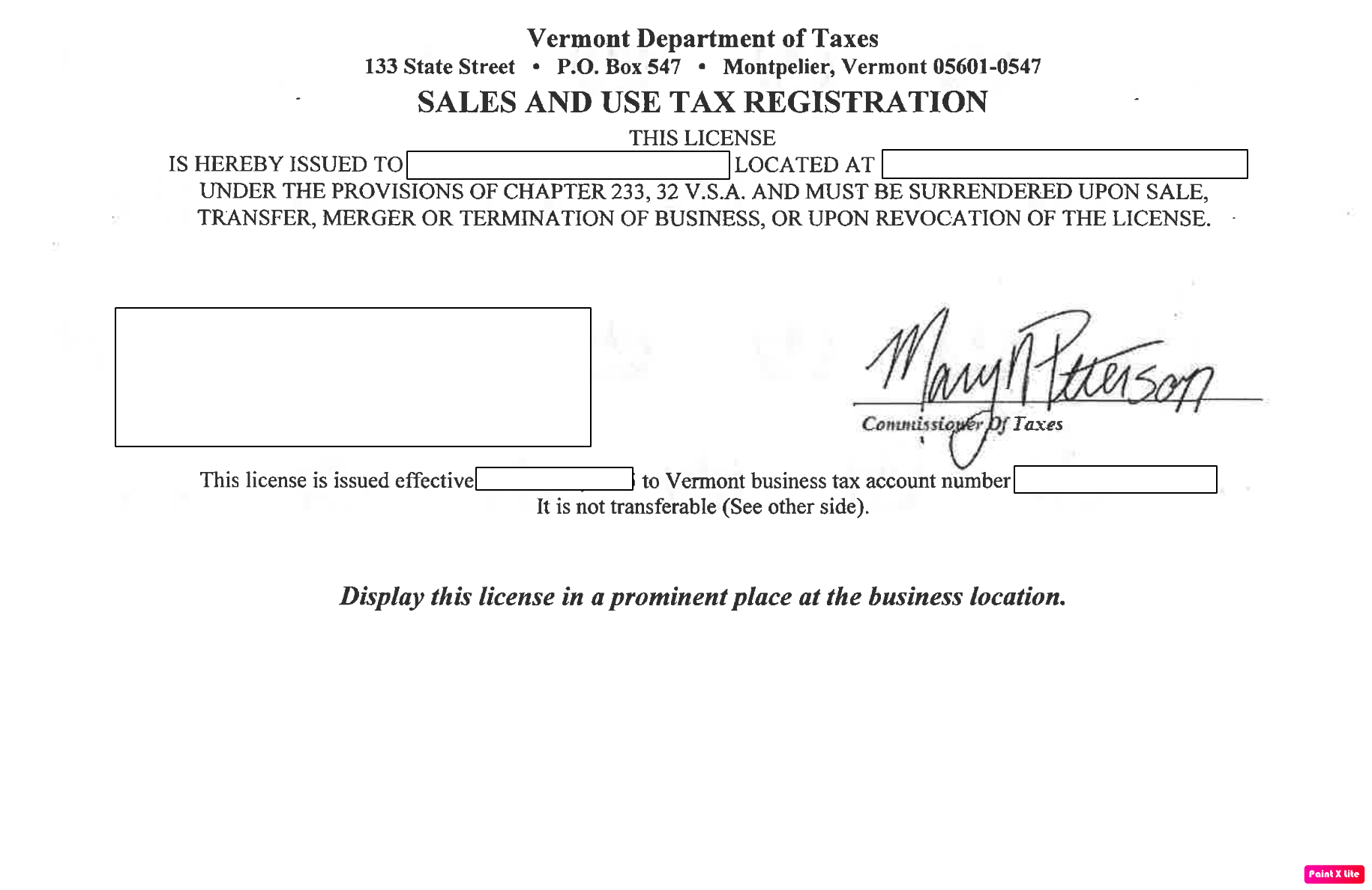 Vermont Sales and Use Permit